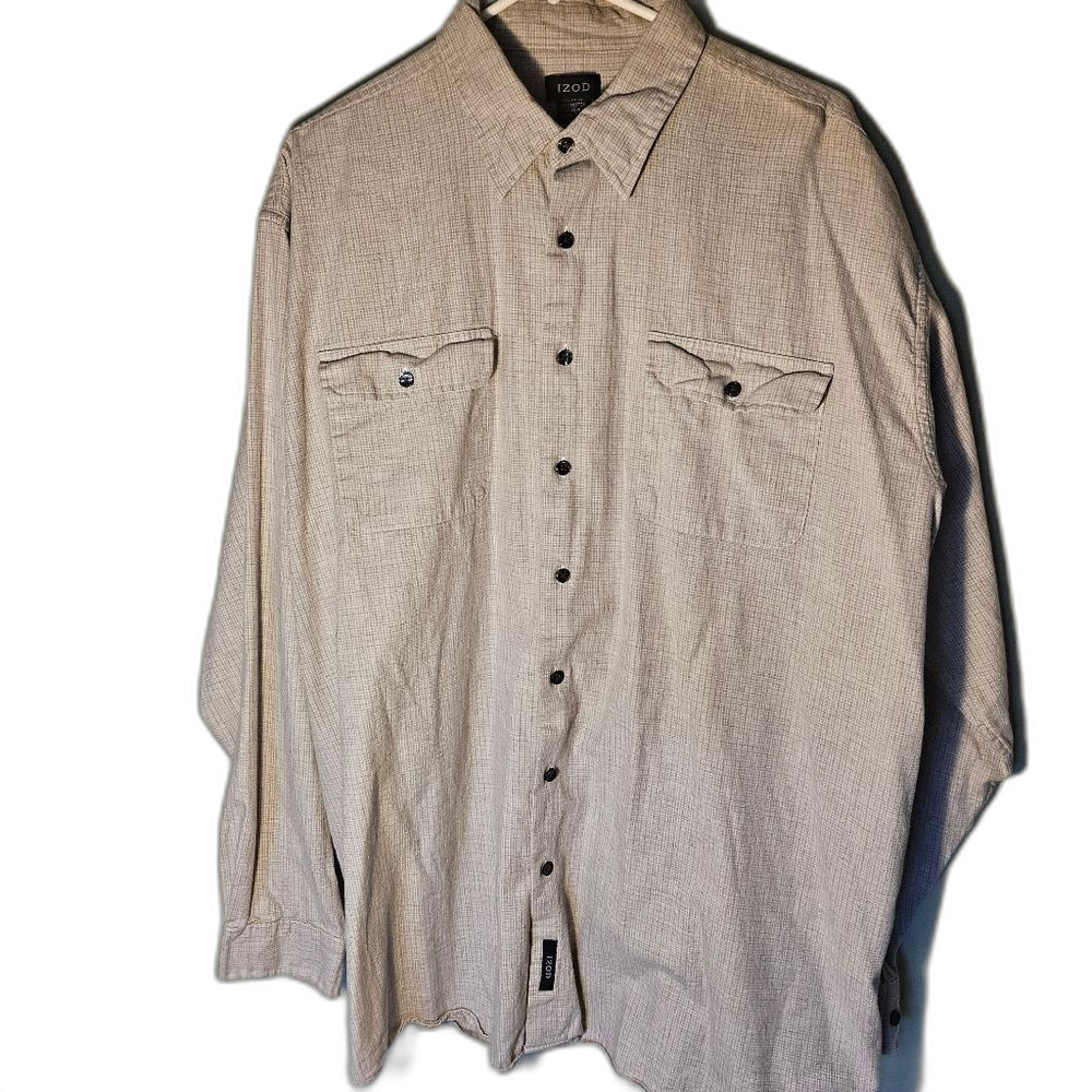 IZOD Mens XLT Tall‎ Button Down Shirt 17.5 36/37 100% Cotton Gray Plaid